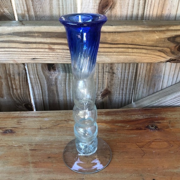 Mouth Blown Seeded Glass Bud Vase with Cobalt Blue Ombré Rim Size 10 1/4”H - Picture 1 of 5